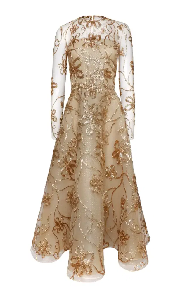 Naeem Khan Tulle-Blend Illusion Raffia Overlay Midi Dress
