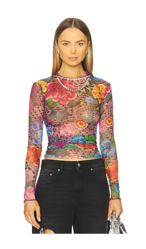 AREA Crystal Embellished Printed Tulle Long Sleeve Top