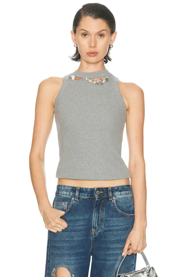 AREA Distressed Crystal Ribbed Knit Tank Top