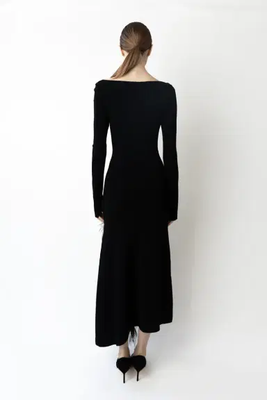 LAPOINTE Matte Viscose Boatneck Dress With Feathers | Thumbnail 2 LAPOINTE Matte Viscose Boatneck Dress With Feathers | Thumbnail 2