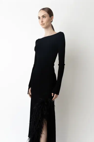 LAPOINTE Matte Viscose Boatneck Dress With Feathers | Thumbnail 3 LAPOINTE Matte Viscose Boatneck Dress With Feathers | Thumbnail 3