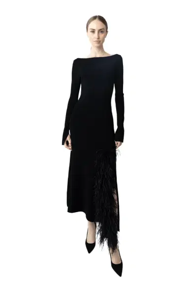 LAPOINTE Matte Viscose Boatneck Dress With Feathers | Thumbnail 1 LAPOINTE Matte Viscose Boatneck Dress With Feathers | Thumbnail 1