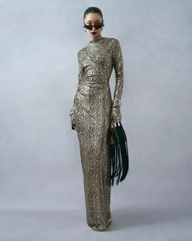 LAPOINTE Metallic Snake Jersey Long Sleeve Ruched Gown