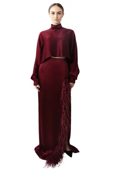LAPOINTE Satin High Waist Slit Maxi Skirt With Feathers | Thumbnail 1 LAPOINTE Satin High Waist Slit Maxi Skirt With Feathers | Thumbnail 1