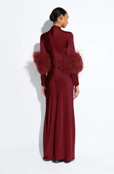 LAPOINTE Satin Tab Gown With Feathers | Thumbnail 2 LAPOINTE Satin Tab Gown With Feathers | Thumbnail 2