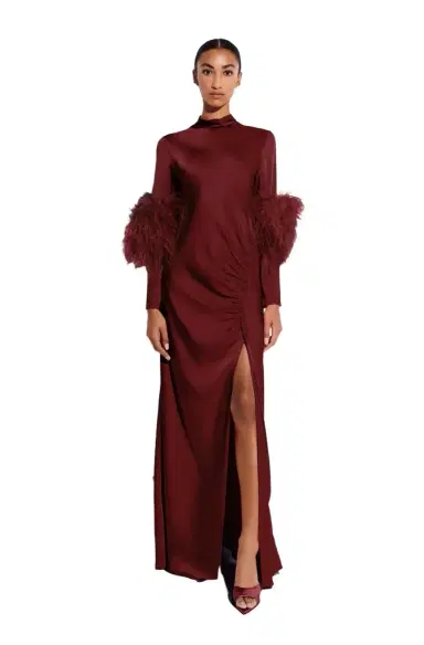 LAPOINTE Satin Tab Gown With Feathers | Thumbnail 1 LAPOINTE Satin Tab Gown With Feathers | Thumbnail 1