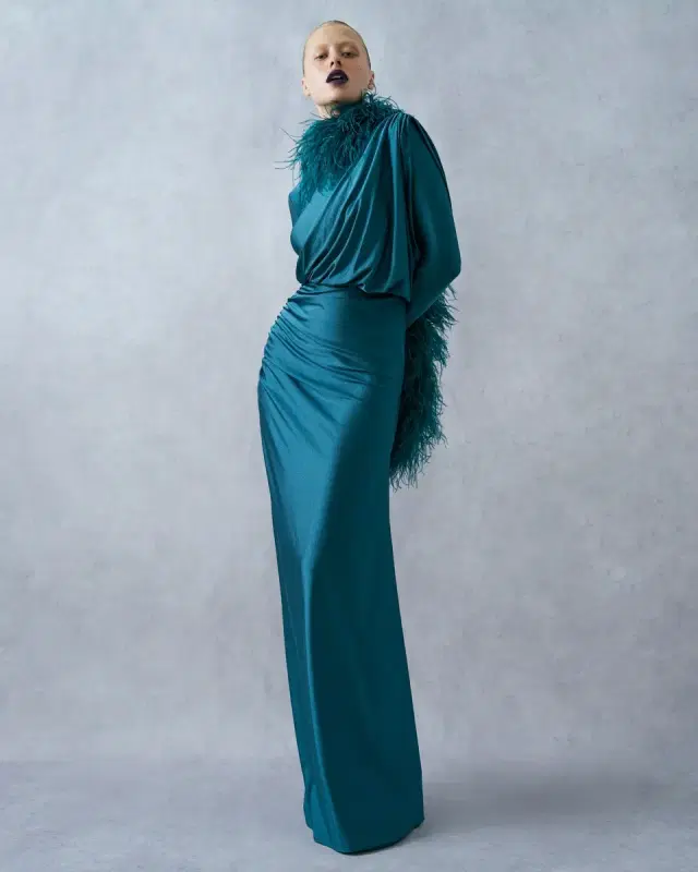 Shine Jersey Asymmetrical Ruched Draped Gown