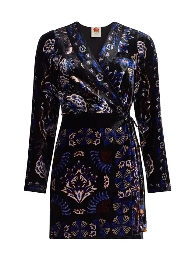 Farm Rio Women's Arabesque Mix Scarves Floral Velvet Wrap Minidress - Black
