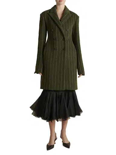 Marina Moscone Women's Wool Basque Tailored Overcoat - Alpine White Pinstripe | Thumbnail 1