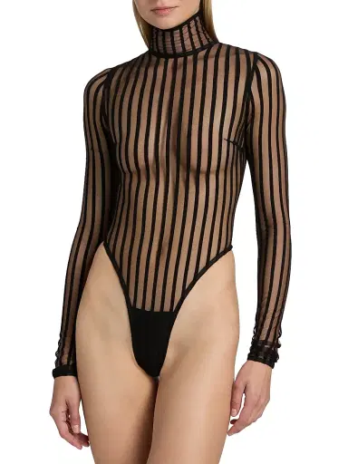 LaQuan Smith Women's Striped Sheer Turtleneck Bodysuit - Black | Thumbnail 6