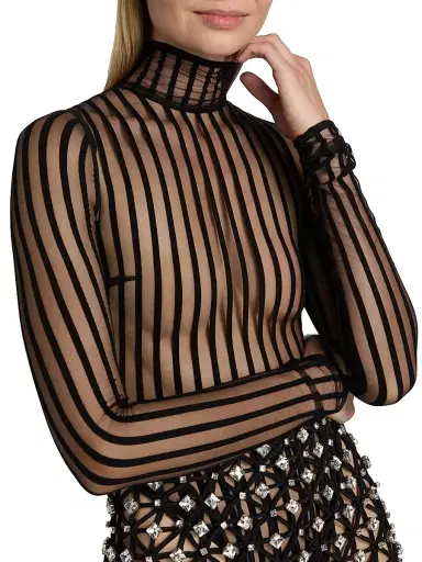 LaQuan Smith Women's Striped Sheer Turtleneck Bodysuit - Black | Thumbnail 7