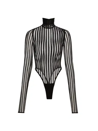 LaQuan Smith Women's Striped Sheer Turtleneck Bodysuit - Black | Thumbnail 1