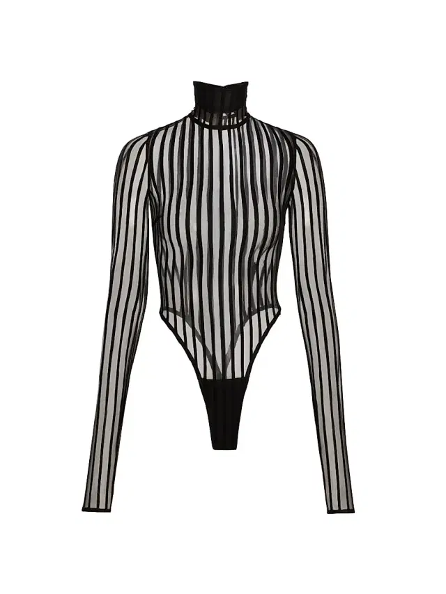 Women's Striped Sheer Turtleneck Bodysuit - Black