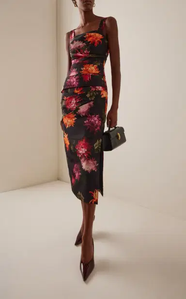 Carolina Herrera Pleated Floral Twill Midi Dress | Thumbnail 2 Carolina Herrera Pleated Floral Twill Midi Dress | Thumbnail 2