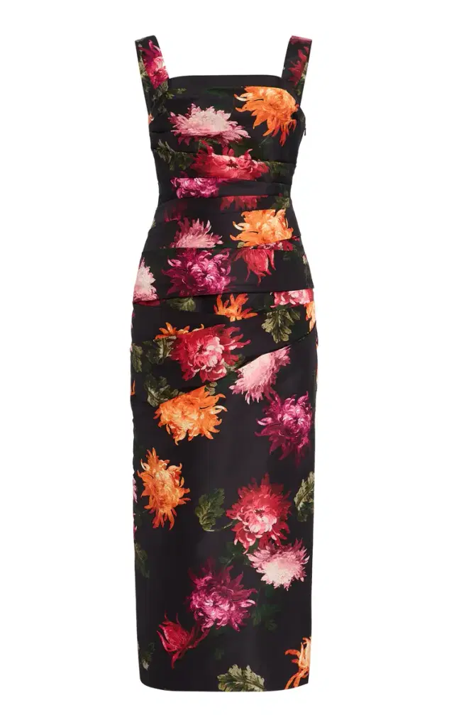 Pleated Floral Twill Midi Dress