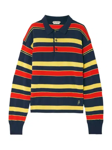 JW Anderson Embroidered Striped Cotton And Wool-blend Polo Shirt | Thumbnail 1 JW Anderson Embroidered Striped Cotton And Wool-blend Polo Shirt | Thumbnail 1