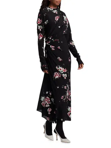 Proenza Schouler Women's Trudie Floral Draped Midi-Dress - Black Multi | Thumbnail 2