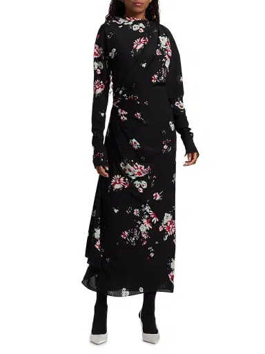 Proenza Schouler Women's Trudie Floral Draped Midi-Dress - Black Multi | Thumbnail 3