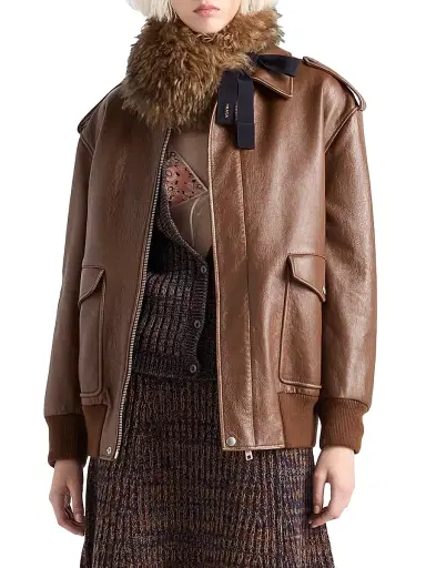 Prada Women's Nappa Leather Bomber Jacket - Brown - Size 8 | Thumbnail 2 Prada Women's Nappa Leather Bomber Jacket - Brown - Size 8 | Thumbnail 2
