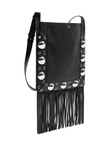 Valentino Garavani Men's Nellcôte Shoulder Bag in Grainy Calfskin with Fringes - Black | Thumbnail 3
