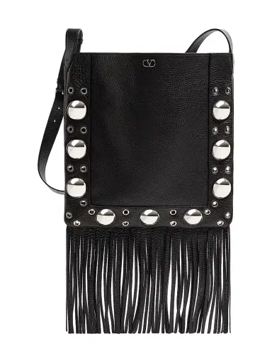 Valentino Garavani Men's Nellcôte Shoulder Bag in Grainy Calfskin with Fringes - Black | Thumbnail 1