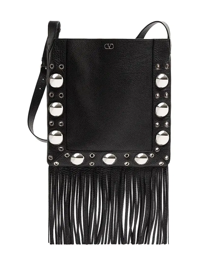 Valentino Garavani Men's Nellcôte Shoulder Bag in Grainy Calfskin with Fringes - Black