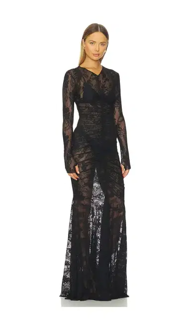 Norma Kamali Long Sleeve V Neck Shirred Front Fishtail Gown | Thumbnail 2 Norma Kamali Long Sleeve V Neck Shirred Front Fishtail Gown | Thumbnail 2