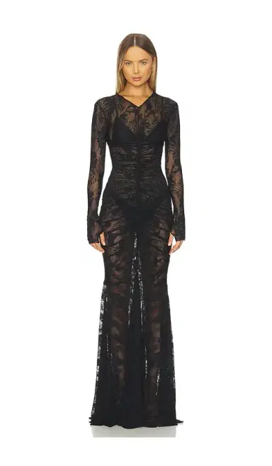 Norma Kamali Long Sleeve V Neck Shirred Front Fishtail Gown | Thumbnail 1 Norma Kamali Long Sleeve V Neck Shirred Front Fishtail Gown | Thumbnail 1