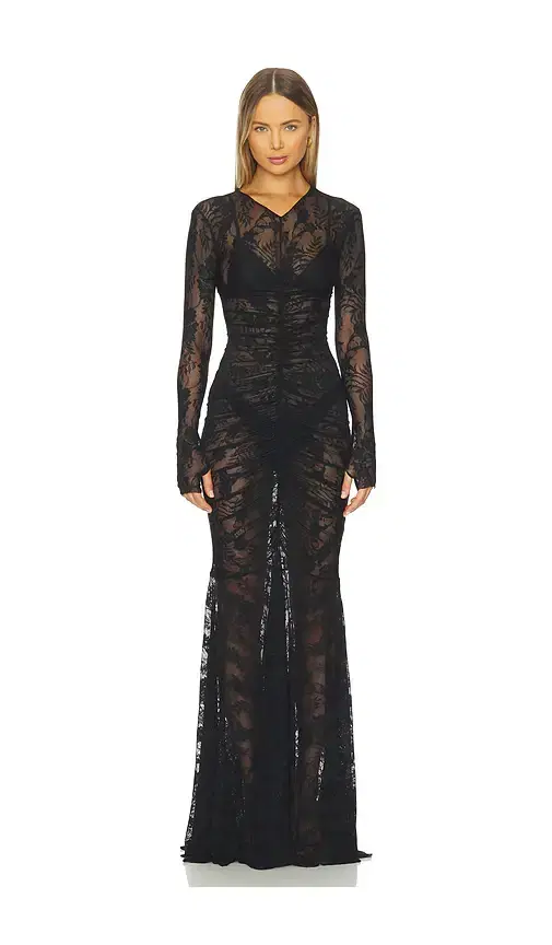 Long Sleeve V Neck Shirred Front Fishtail Gown