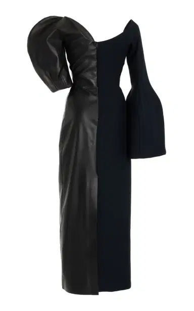 Gabriela Hearst Merlin Asymmetric Leather Wool-Silk Combo Midi Dress | Thumbnail 3