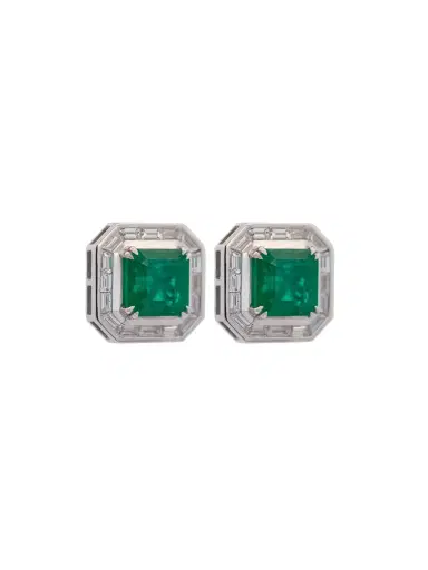 Wish Fine Jewelry 10.02ct Emerald Diamond 18K Gold Halo Earrings | Thumbnail 1