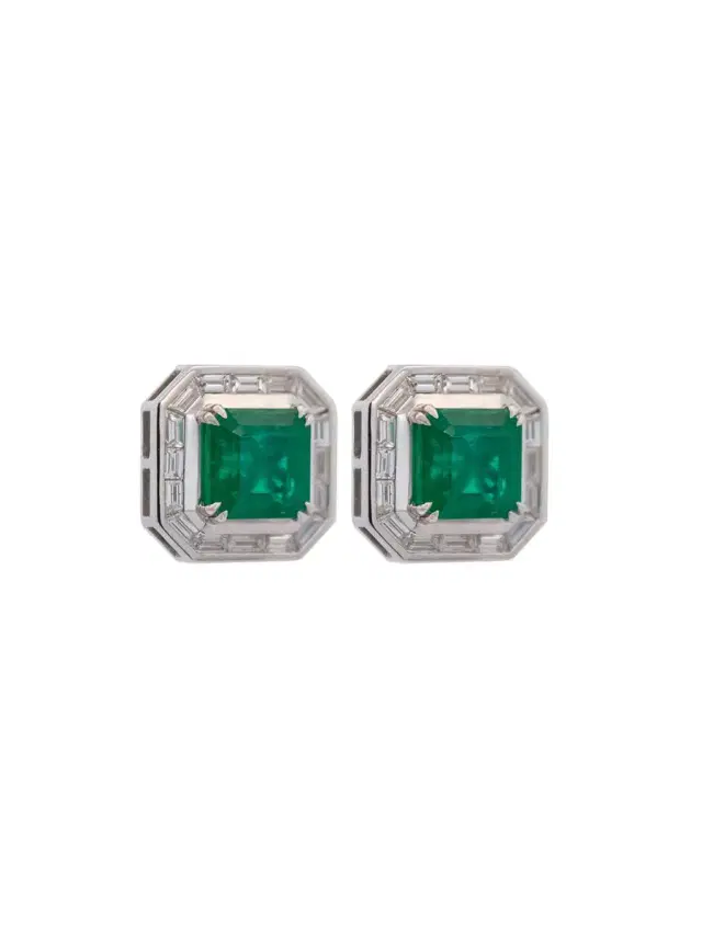 Wish Fine Jewelry 10.02ct Emerald Diamond 18K Gold Halo Earrings
