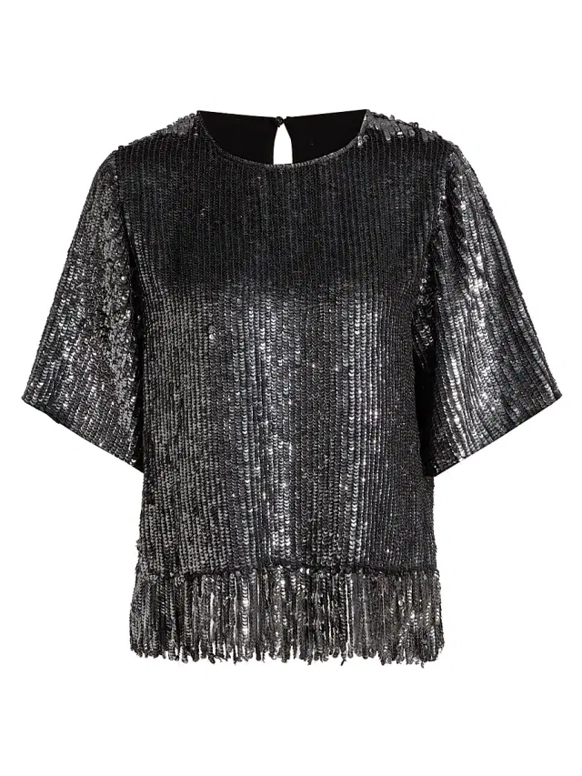Kobi Halperin Women's Yona Sequined Fringed-Hem Blouse - Antique Silver