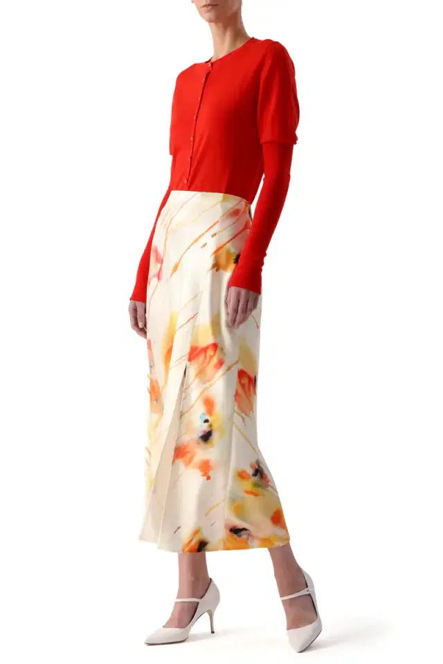 Jason Wu Collection WASHED SATIN WATERCOLOR FLORAL BIAS SLIP PENCIL SKIRT