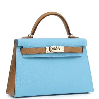 HERMÈS Hermes Special Order (HSS) Kelly Sellier 20 Bleu Celeste and Biscuit Epsom Permabrass Hardware | Thumbnail 2