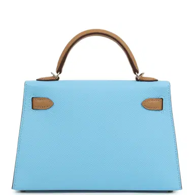 HERMÈS Hermes Special Order (HSS) Kelly Sellier 20 Bleu Celeste and Biscuit Epsom Permabrass Hardware | Thumbnail 4