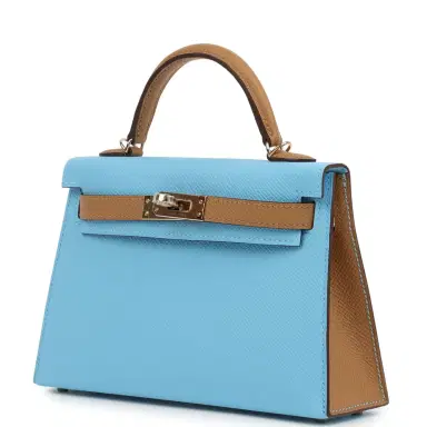 HERMÈS Hermes Special Order (HSS) Kelly Sellier 20 Bleu Celeste and Biscuit Epsom Permabrass Hardware | Thumbnail 5