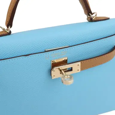 HERMÈS Hermes Special Order (HSS) Kelly Sellier 20 Bleu Celeste and Biscuit Epsom Permabrass Hardware | Thumbnail 7