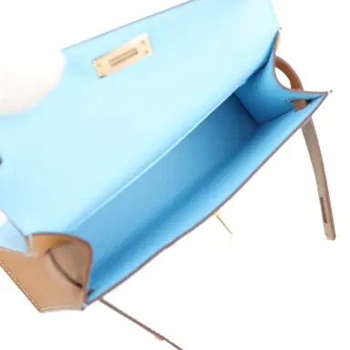 HERMÈS Hermes Special Order (HSS) Kelly Sellier 20 Bleu Celeste and Biscuit Epsom Permabrass Hardware | Thumbnail 8