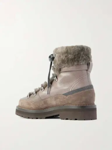 Brunello Cucinelli Bead-embellished Shearling-trimmed Leather Ankle Boots | Thumbnail 3 Brunello Cucinelli Bead-embellished Shearling-trimmed Leather Ankle Boots | Thumbnail 3