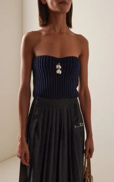 Prada Pearl-Embellished Knit Wool-Cashmere Bustier Top | Thumbnail 3 Prada Pearl-Embellished Knit Wool-Cashmere Bustier Top | Thumbnail 3