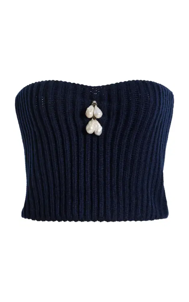 Pearl-Embellished Knit Wool-Cashmere Bustier Top
