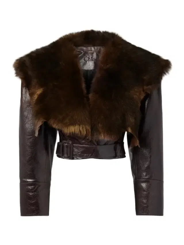 Cropped Belted Shearling-trimmed Glossed-leather Jacket