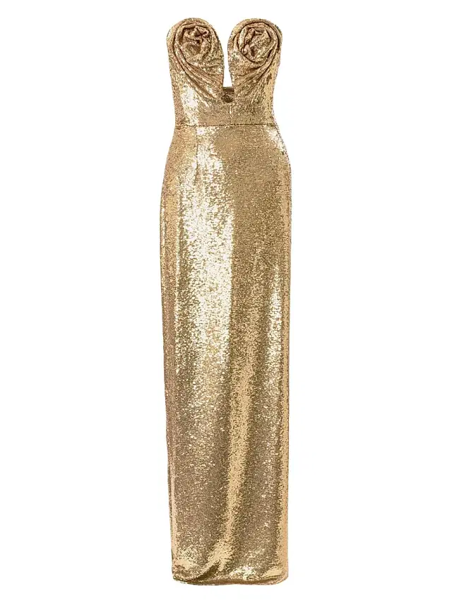 Carolina Herrera Women's Sequined Rosette U-Neck Column Gown - Gold