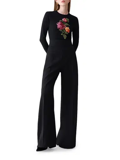 Carolina Herrera Women's Sequined Chrysanthemum-Embroidered Silk-Cotton Sweater - Black Multi | Thumbnail 2