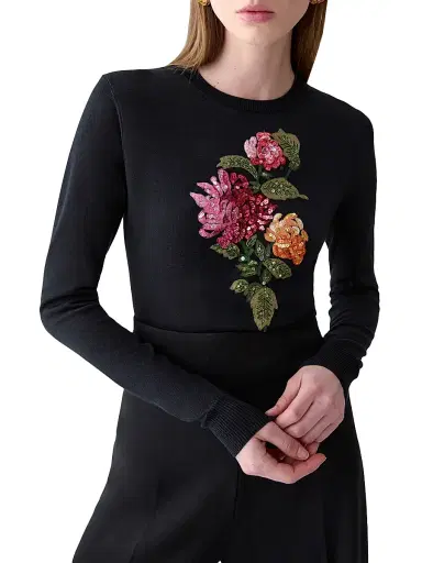 Carolina Herrera Women's Sequined Chrysanthemum-Embroidered Silk-Cotton Sweater - Black Multi | Thumbnail 3