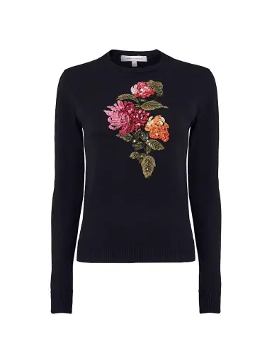 Carolina Herrera Women's Sequined Chrysanthemum-Embroidered Silk-Cotton Sweater - Black Multi | Thumbnail 1