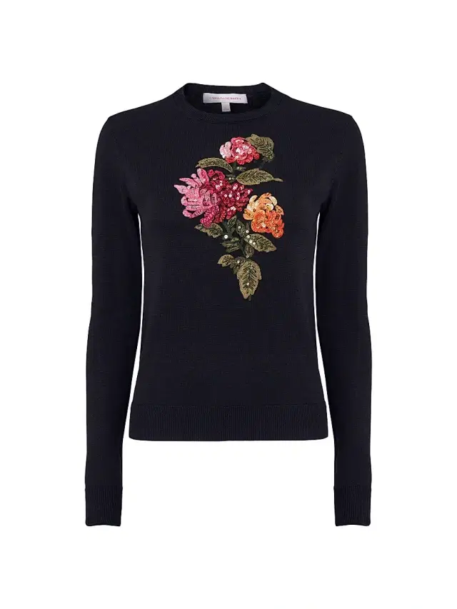 Carolina Herrera Women's Sequined Chrysanthemum-Embroidered Silk-Cotton Sweater - Black Multi