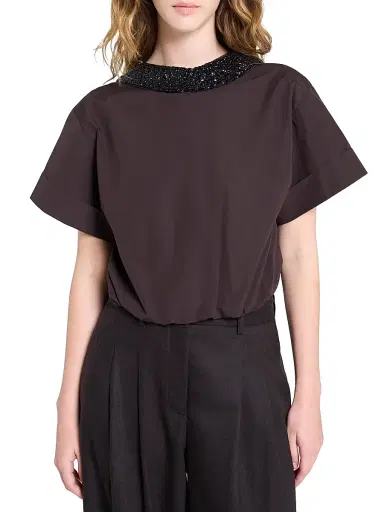 TWP Women's She Comes And Goes Again Embellished Crop Shirt - Chocolate - Size Medium | Thumbnail 3
