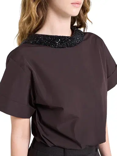 TWP Women's She Comes And Goes Again Embellished Crop Shirt - Chocolate - Size Medium | Thumbnail 6